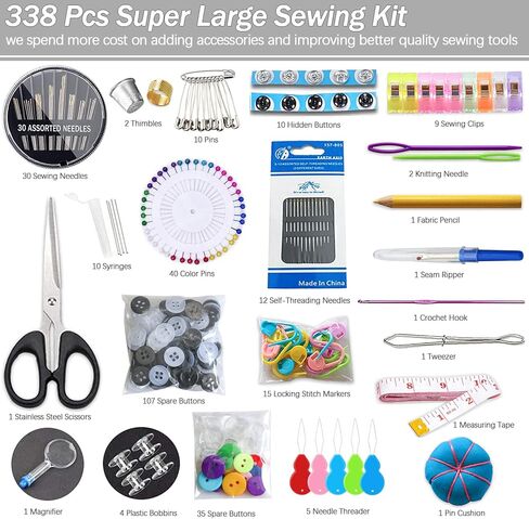 Sewing Kit, 338 Pcs Large Sewing Kit Basic Premium Sewing Supplies, 43 XL Thread Spools, Complete Needle and Thread Kit for Traveller, Adults, Kids, Beginner, Emergency Repairs, DIY and Home in Kuwait