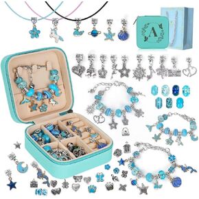 Charm Bracelet Making Kit, Kid Jewelry Making Kit for Girls 8-12, DIY Beads for Necklace Jewelry Making Unicorn Mermaid Christmas Gifts for Girls Toys with Initial Jewelry Box Organizer Gift Bag- A