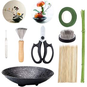 WANDIC Flower Arrangement Kit, Set of 51, Round Flower Holders, Ceramic Flower Pot, Kenzan Needle Cleaning Pin & Rake, Floral Stems and Floral Tape for Flower Arranging Art