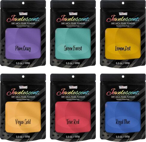 U.S. Art Supply Jewelescent 12 Color Mica Pearl Powder Pigment Set Kit, 3.5 oz (100g) Sealed Pouches - Cosmetic Grade, Metallic Color Dye - Paint, Epoxy, Resin, Soap, Slime Making, Makeup, Art in Kuwait