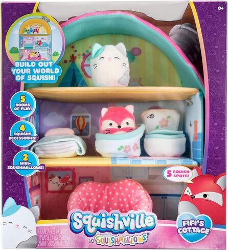 Squishville by Squishmallow Fifi’s Cottage Townhouse, 2" Blair and Fifi Soft Mini-Squishmallow and 4 Plush Furniture Accessories, Irresistibly Soft Toys, 3 Floors to Explore, Amazon Exclusive in Kuwait