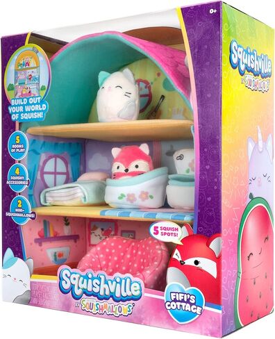 Squishville by Squishmallow Fifi’s Cottage Townhouse, 2" Blair and Fifi Soft Mini-Squishmallow and 4 Plush Furniture Accessories, Irresistibly Soft Toys, 3 Floors to Explore, Amazon Exclusive in Kuwait