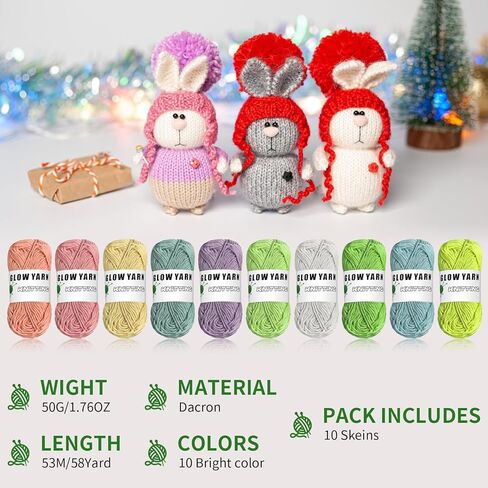 Glow in The Dark Yarn for Crochet, Yarn for Crocheting Bulk, 55 Yards Per Roll, DIY Luminous Crochet Yarn for Beginners, Knitting & Crochet Supplies for Halloween Christmas(Retro Colors 10 Roll) in Kuwait