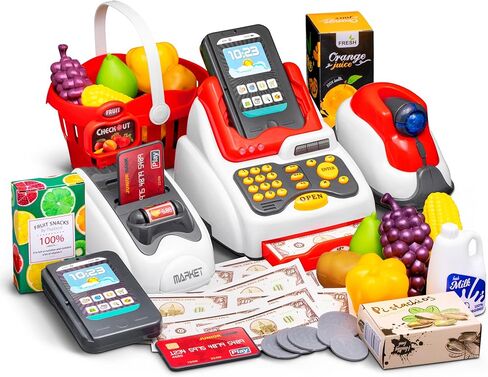 ابتكار ذكي، ماسح ضوئي لتسجيل الأطفال وآلة بطاقة الائتمان تعمل بالبطارية - أصوات واقعية، ضوء LED، لعب المال ولعب الطعام لعمر 3 سنوات فما فوق in Kuwait