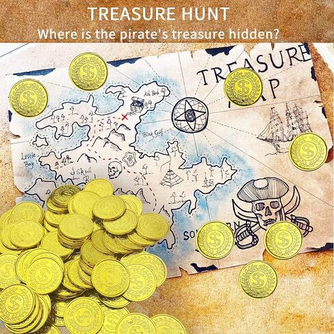 100 Pcs gold plastic coins fake gold coins Pirate Gold Coins Plastic Set halloween scavenger hunt for kids Treasure Hunt Game and Party Favors in Kuwait