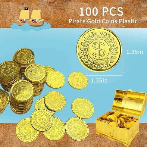 100 Pcs gold plastic coins fake gold coins Pirate Gold Coins Plastic Set halloween scavenger hunt for kids Treasure Hunt Game and Party Favors in Kuwait