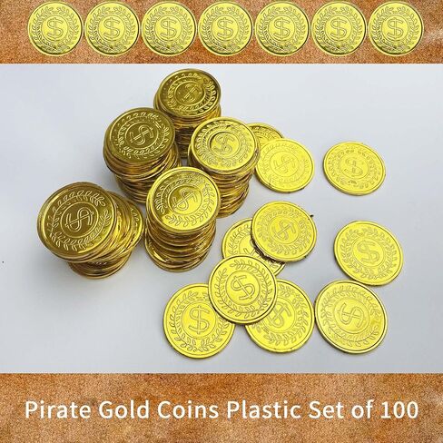 100 Pcs gold plastic coins fake gold coins Pirate Gold Coins Plastic Set halloween scavenger hunt for kids Treasure Hunt Game and Party Favors in Kuwait