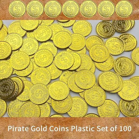 100 Pcs gold plastic coins fake gold coins Pirate Gold Coins Plastic Set halloween scavenger hunt for kids Treasure Hunt Game and Party Favors in Kuwait