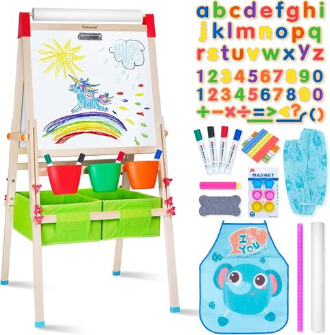 حامل الفن تومونز للأطفال، حامل فني خشبي قابل للتعديل للأطفال مع لوح مسح جاف، سبورة، لفة ورق وإكسسوارات in Kuwait