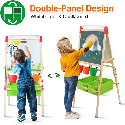 حامل الفن تومونز للأطفال، حامل فني خشبي قابل للتعديل للأطفال مع لوح مسح جاف، سبورة، لفة ورق وإكسسوارات in Kuwait