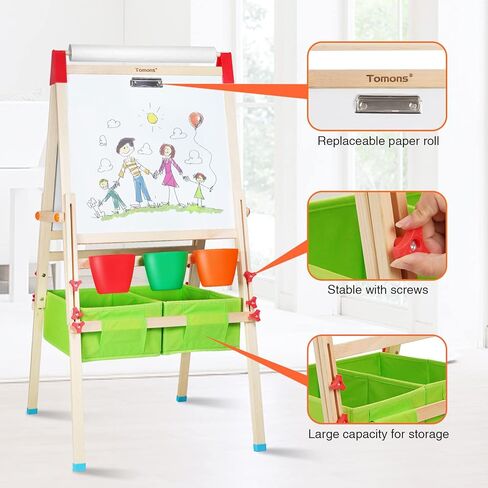 حامل الفن تومونز للأطفال، حامل فني خشبي قابل للتعديل للأطفال مع لوح مسح جاف، سبورة، لفة ورق وإكسسوارات in Kuwait