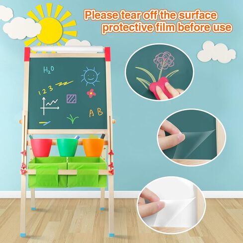 حامل الفن تومونز للأطفال، حامل فني خشبي قابل للتعديل للأطفال مع لوح مسح جاف، سبورة، لفة ورق وإكسسوارات in Kuwait