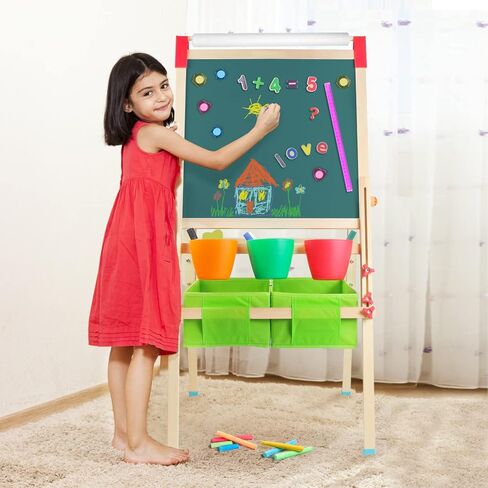حامل الفن تومونز للأطفال، حامل فني خشبي قابل للتعديل للأطفال مع لوح مسح جاف، سبورة، لفة ورق وإكسسوارات in Kuwait