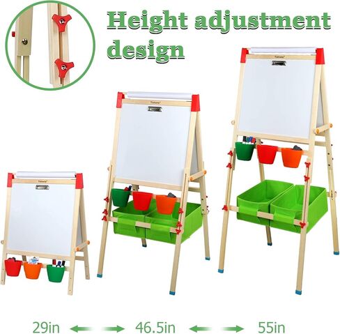 حامل الفن تومونز للأطفال، حامل فني خشبي قابل للتعديل للأطفال مع لوح مسح جاف، سبورة، لفة ورق وإكسسوارات in Kuwait