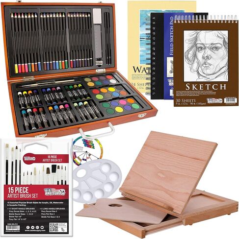 U.S. Art Supply 103-Piece Deluxe Art Creativity Set in Wooden Case with Wood Desk Easel - Artist Painting Pad, 2 Sketch Pads, 24 Watercolor Paint Colors, 17 Brushes, 24 Colored Pencils, Drawing Kit in Saudi Arabia