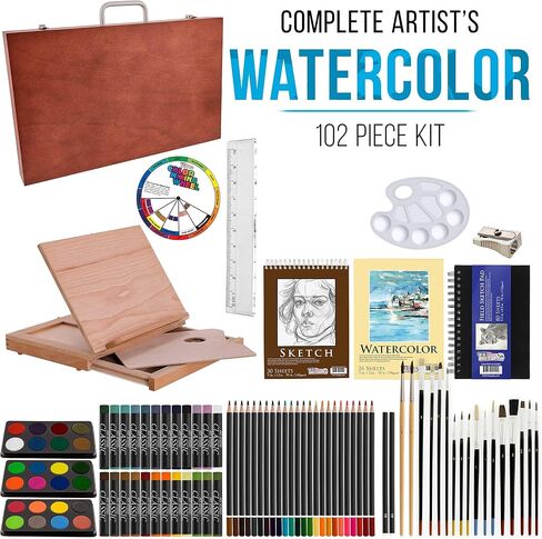U.S. Art Supply 103-Piece Deluxe Art Creativity Set in Wooden Case with Wood Desk Easel - Artist Painting Pad, 2 Sketch Pads, 24 Watercolor Paint Colors, 17 Brushes, 24 Colored Pencils, Drawing Kit in Saudi Arabia
