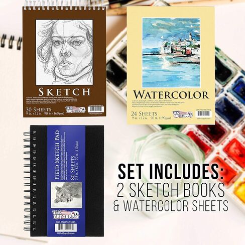 U.S. Art Supply 103-Piece Deluxe Art Creativity Set in Wooden Case with Wood Desk Easel - Artist Painting Pad, 2 Sketch Pads, 24 Watercolor Paint Colors, 17 Brushes, 24 Colored Pencils, Drawing Kit in Saudi Arabia