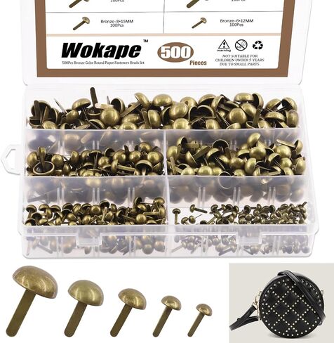 مشابك ورق Wokape مثبتات دائرية (برونزية) - 500 قطعة 5 أحجام رأس الفطر مثبتات ورقية مستديرة مشابك معدنية زخرفية in Kuwait
