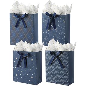 4 Pack 9" Medium Size Gift Bags Assorted Premium Blue Gift Bags with Tissue Paper Use for Birthdays, Baby Shower,weddings,Party Favor, Holiday Presents-7" X 4" X 9"