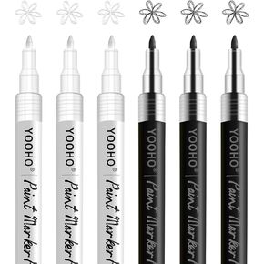 YOOHO Paint Pen White Black Acrylic Marker Set for Rock Wooden Tire Metal Leather Glass Painting, 0.7mm Fine Point Quick Drying (3pcs Black +3pcs White)