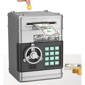 JUNEU Piggy Bank for Kids,Electronic Money Bank Toys for Ages 5 6 7 8 9 10 11 12 13,Birthday Gifts for Boys and Girls(Black+Silver)