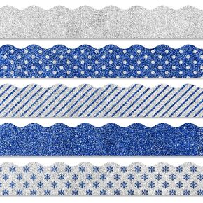 Whaline 69Ft Winter Glitter Bulletin Board Borders 5 Designs Blue Silver Snowflake Stripe Dot Decoration Trim Border for School Classroom Office Decoration in Kuwait