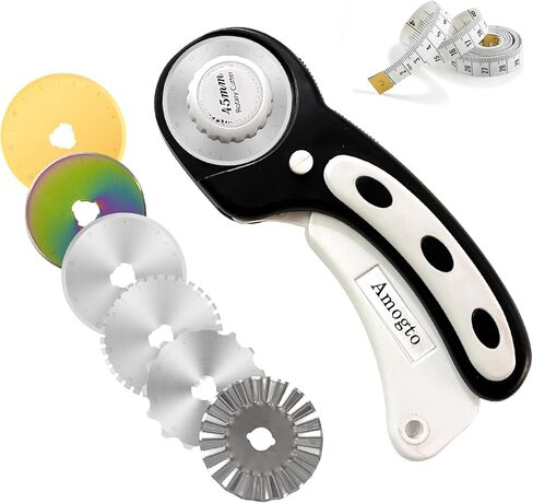 Amogto Rotary Cutter for Fabric, 45mm Fabric Cutter with 7pcs Rotary Cutter Blades, Ergonomic Quilting Supplies Tool for Leather, Crafting, Sewing, Quilting, Fabric Cutter Wheel for Left & Right Hand in Kuwait