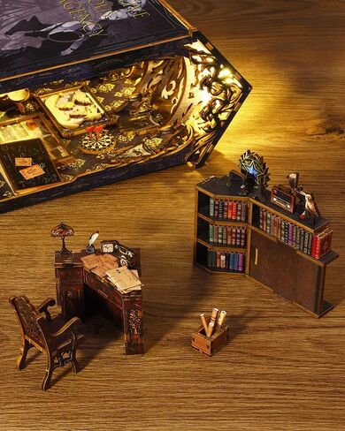 DIY Book Nook Kit Decor - 3D Wooden Puzzle Bookshelf Decor with LED, Bookend Diorama DIY Miniature Dollhouse Kit Crafts Hobbies Gifts for Adults (Detective Agency) in Kuwait
