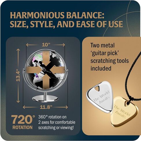 خدش الكرة الأرضية العالمية مع حامل لديكور المنزل والمكتب | كرات أرضية كروية مقاس 10 بوصات مع رقائق قابلة للخدش | هدية سفر فريدة للمسافرين | خريطة العالم لسطح المكتب | خريطة السفر للخدش (الكرة الأرضية - أسود وفضي) in Kuwait