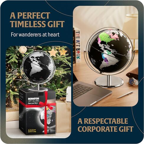 خدش الكرة الأرضية العالمية مع حامل لديكور المنزل والمكتب | كرات أرضية كروية مقاس 10 بوصات مع رقائق قابلة للخدش | هدية سفر فريدة للمسافرين | خريطة العالم لسطح المكتب | خريطة السفر للخدش (الكرة الأرضية - أسود وفضي) in Kuwait