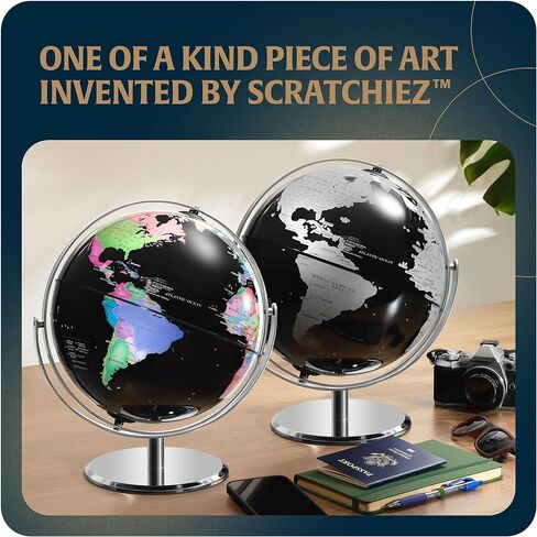خدش الكرة الأرضية العالمية مع حامل لديكور المنزل والمكتب | كرات أرضية كروية مقاس 10 بوصات مع رقائق قابلة للخدش | هدية سفر فريدة للمسافرين | خريطة العالم لسطح المكتب | خريطة السفر للخدش (الكرة الأرضية - أسود وفضي) in Kuwait