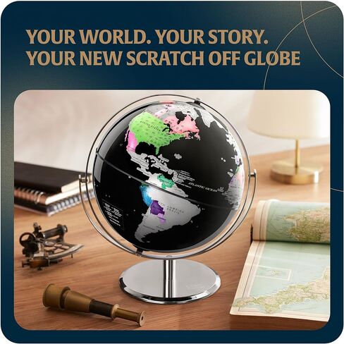 خدش الكرة الأرضية العالمية مع حامل لديكور المنزل والمكتب | كرات أرضية كروية مقاس 10 بوصات مع رقائق قابلة للخدش | هدية سفر فريدة للمسافرين | خريطة العالم لسطح المكتب | خريطة السفر للخدش (الكرة الأرضية - أسود وفضي) in Kuwait