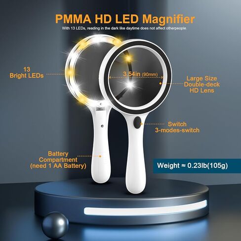 عدسة مكبرة PMMA مع ضوء وزن 0.23 رطل 5X 10X عدسة مكبرة كبيرة محمولة باليد مع 3 أوضاع إضاءة 13 خرزة مصباح LED in Kuwait