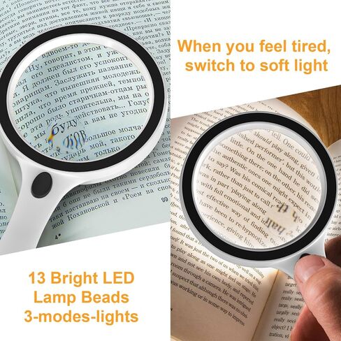 عدسة مكبرة PMMA مع ضوء وزن 0.23 رطل 5X 10X عدسة مكبرة كبيرة محمولة باليد مع 3 أوضاع إضاءة 13 خرزة مصباح LED in Kuwait