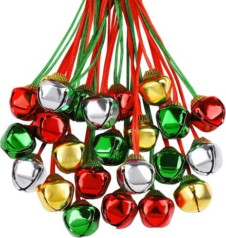 Aneco 36 Pack Christmas Bell Necklaces Holiday Jingle Bell Necklaces Toys with Safety Connect Catch Ribbons for Christmas Favor (Gold, Red, Green, Silvery) in Kuwait