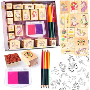 Unicorn Wooden Stamp and Sticker Set for Girls, Unicorn, Mermaid, Panda, Alpaca, Sloth, Cats, Rainbow, Butterfly Stamps, Activity Craft Set for Girls Boys Kids Gift Ages 4 5 6 7 8 9 10 Years Old