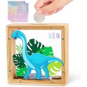 Piggy Bank for Kids, Wooden Money Coin Bank for Boys and Girls, Dinosaur Unicorn Piggy Banks with DIY Stickers for Birthday, Easter Gifts (Rainbow)