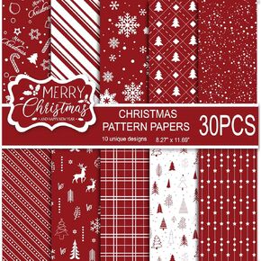 MIAHART 30 Sheets Christmas Pattern Paper Set A4 Size Red and Gold Festival Decorative Craft Paper Double-Sided for Card Making Scrapbook, 10 Designs