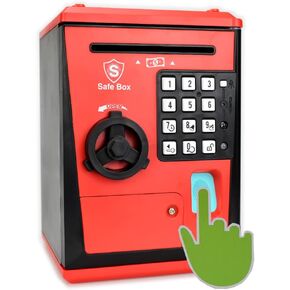 Litpggy Kids Safe Bank مع بصمة الإصبع وكلمة المرور الناطقة ATM Piggy Bank للحصول على أموال حقيقية لعبة هدية للأولاد والبنات من عمر 5-14 عامًا (أزرق/أبيض)