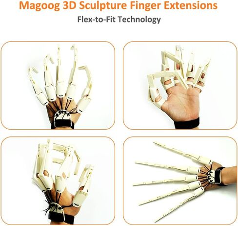 أصابع مفصلية من Magoog Halloween مع قفازات منقوشة، وصلات أصابع مفصلية، يد مخلب عظم هيكل عظمي مخيف، مخالب أصابع دعائم الهالوين، تناسب معظم أحجام الأصابع، أسود in Kuwait