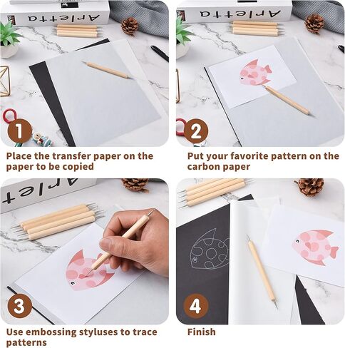 50 Sheets Carbon Paper Graphite Paper Black Carbon Transfer (8.5 x 11.5 inch) Tracing Papers with 5 PCS Embossing Styluses Dotting Tools for Wood Paper Canvas Craft in Kuwait