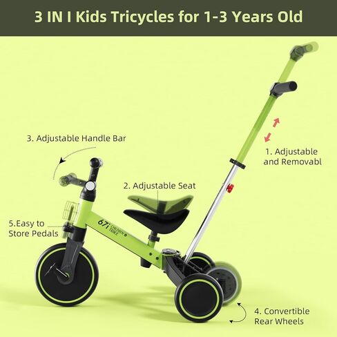 67i Tricycles for 1-3 Year Old Toddler Tricycle with Push Handle for 1-3 Years Old Trikes Toddlers Push Handle Boys and Girls Kids Push Trike Toddler Bike Adjustable Seat and Handle in Kuwait