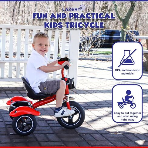 دراجة ثلاثية العجلات للأطفال الصغار - دراجة ثلاثية العجلات للأطفال من عمر 2 إلى 4 سنوات - مع مقود وزر موسيقى وأضواء ومقعد قابل للتعديل وإطارات غير قابلة للانزلاق - مناسبة للاستخدام الداخلي والخارجي للأطفال in Kuwait