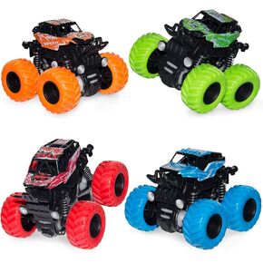 4 Pack Monster Truck Toys - Friction Powered Push and Go Toy Cars, Inertia Car Toy Set Stunt Toy Vehicles, Birthday Party Supplies for Boys and Girls