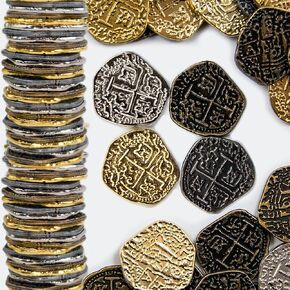 Beverly Oaks Metal Pirate Coins - Gold and Silver Spanish Doubloon Replicas - Fantasy Metal Coin Pirate Treasure (100)
