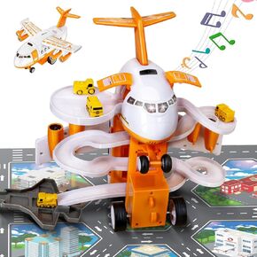 Kids Airplane Toys Race Track Car Toys for 3 4 5 6 Boys - Transport Plane Adventure Car Toys for Toddler Age 2-6 with 4 City Cars, Garage Parking Lot Playmat, Pull Back Plane，Birthday Gift for Kids