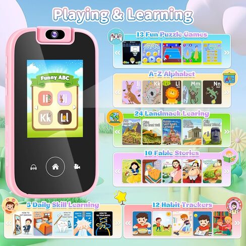 MAVREC Kids هاتف ذكي للفتيات 3 4 5 6 سنوات، كاميرا قابلة للدوران 180 درجة ألعاب هاتف للأطفال مع بطاقة SD سعة 32 جيجابايت، مشغل موسيقى MP3، هدايا عيد ميلاد للأطفال الصغار هاتف تشغيل بشاشة تعمل باللمس للفتيات من سن 3 إلى 8 سنوات، وردي in Kuwait