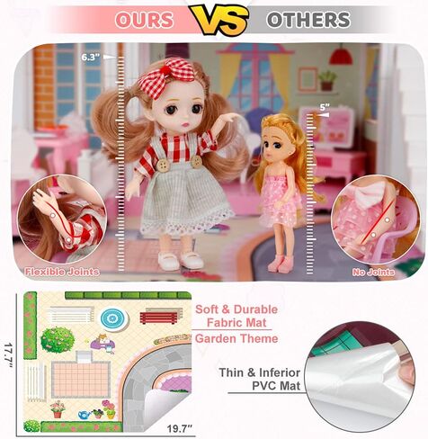 بيت الدمى الصغير تودو للفتيات، بيت الدمى مع أضواء، بساط اللعب والدمى، بناء منزل اللعب التظاهري مع إكسسوارات الأثاث والأدوات المنزلية، بيت لعب للفتيات 3-12 (9 غرف) in Kuwait