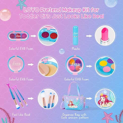 مجموعات مكياج Loyo Girls Pretend Play، مجموعات مكياج وهمية مع حقيبة مستحضرات تجميل لهدايا عيد ميلاد الفتيات الصغيرات، مجموعة مكياج ألعاب مستحضرات التجميل للأطفال للفتيات الصغيرات بعمر 3 و4 و5 (ليست مكياج حقيقي) in Kuwait