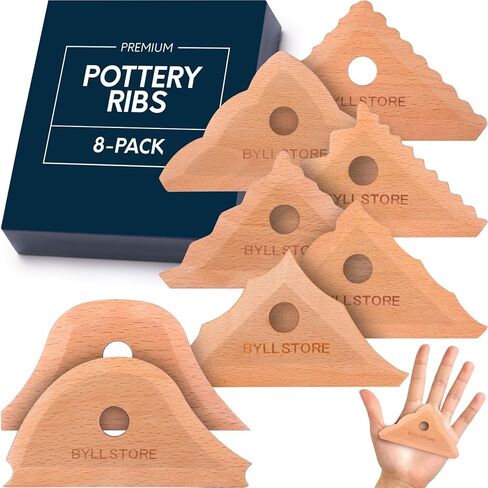 Byllstore Pottery Ribs & Trimming Tools | 2 Foot Shaper Tools | 4 Clay Texture Ribs | Solid Beech Wood | Several Pack Options (2-Pack) in Kuwait